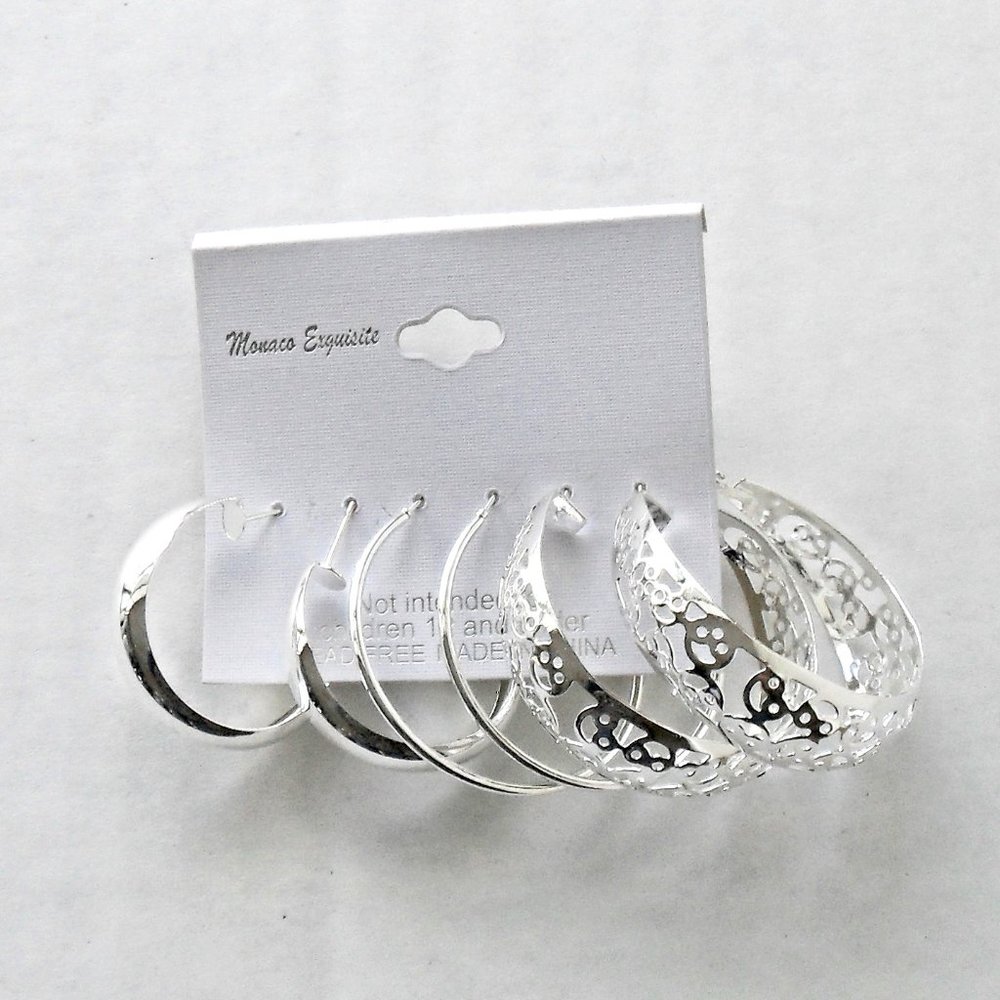 NEW Set Of 3 Silver Tone Hoop Earrings